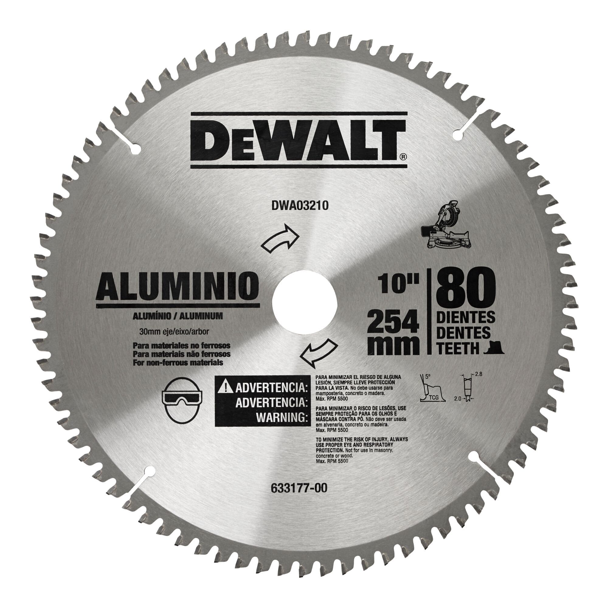 10" (254mm) 80d, TCG (-2°), eje 30mm 1" 3/4" 5/8" corte aluminio
