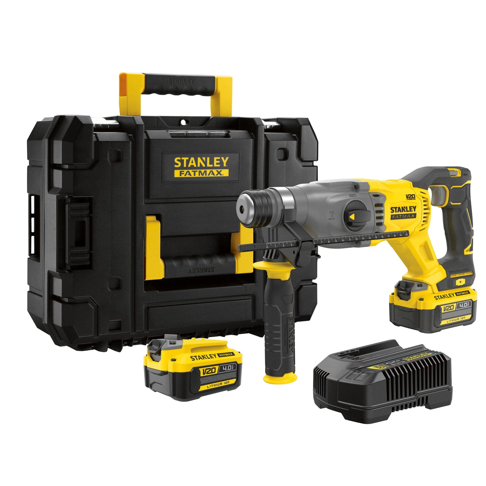 Combo Rotomartillo 22mm SDS Plus + 2 baterías 4Ah + cargador 2A + maleta V20 STANLEY