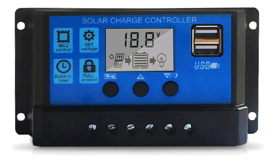 Regulador Solar PWM 20A — 12/24V con Display LCD y USB