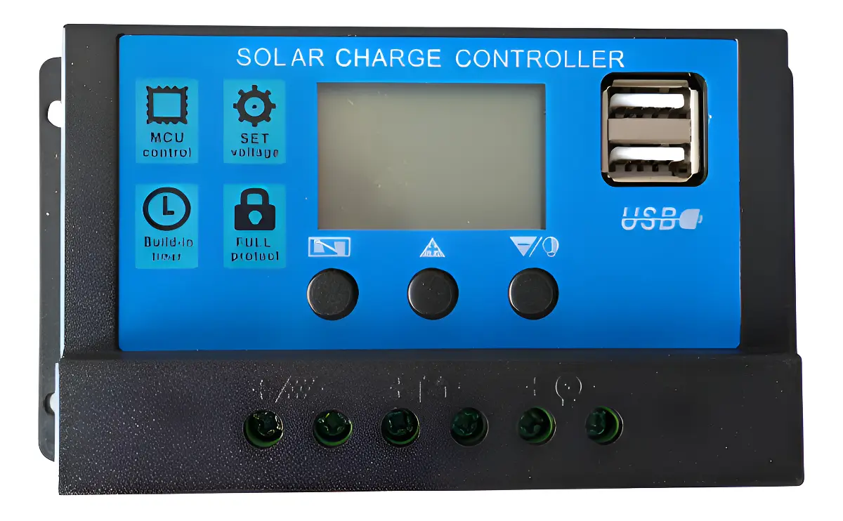 Regulador Solar PWM 10A — 12/24V con Display LCD y USB